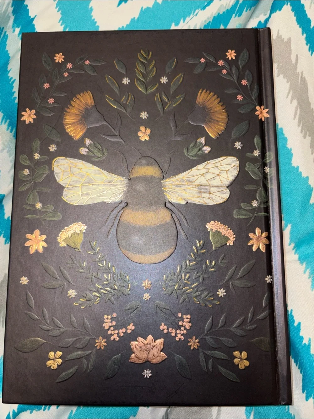 Embroidered Bee Floral Hardback Journal in Black and Gold